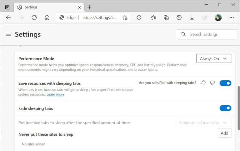 Modo Rendimiento Microsoft Edge