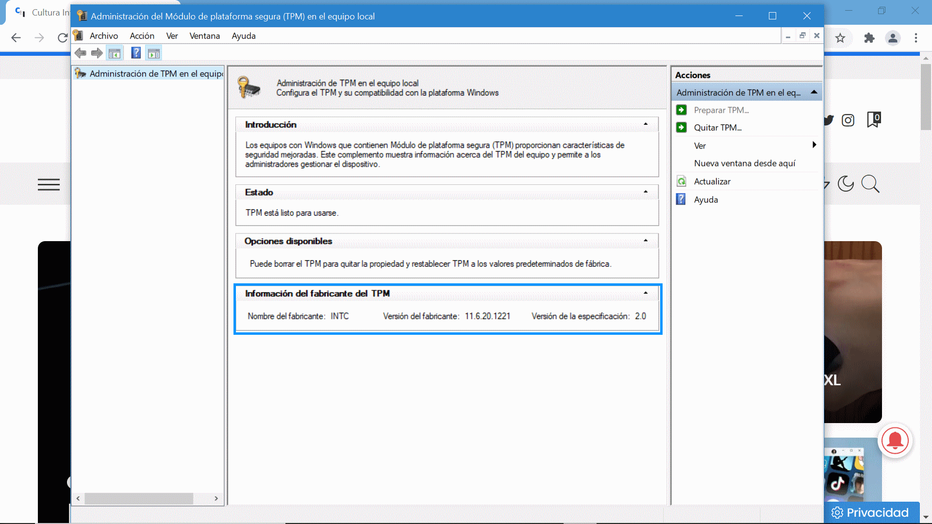 Versión del TPM en Windows