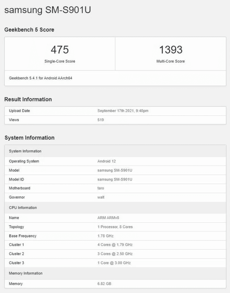 Galaxy S22 en Geekbench