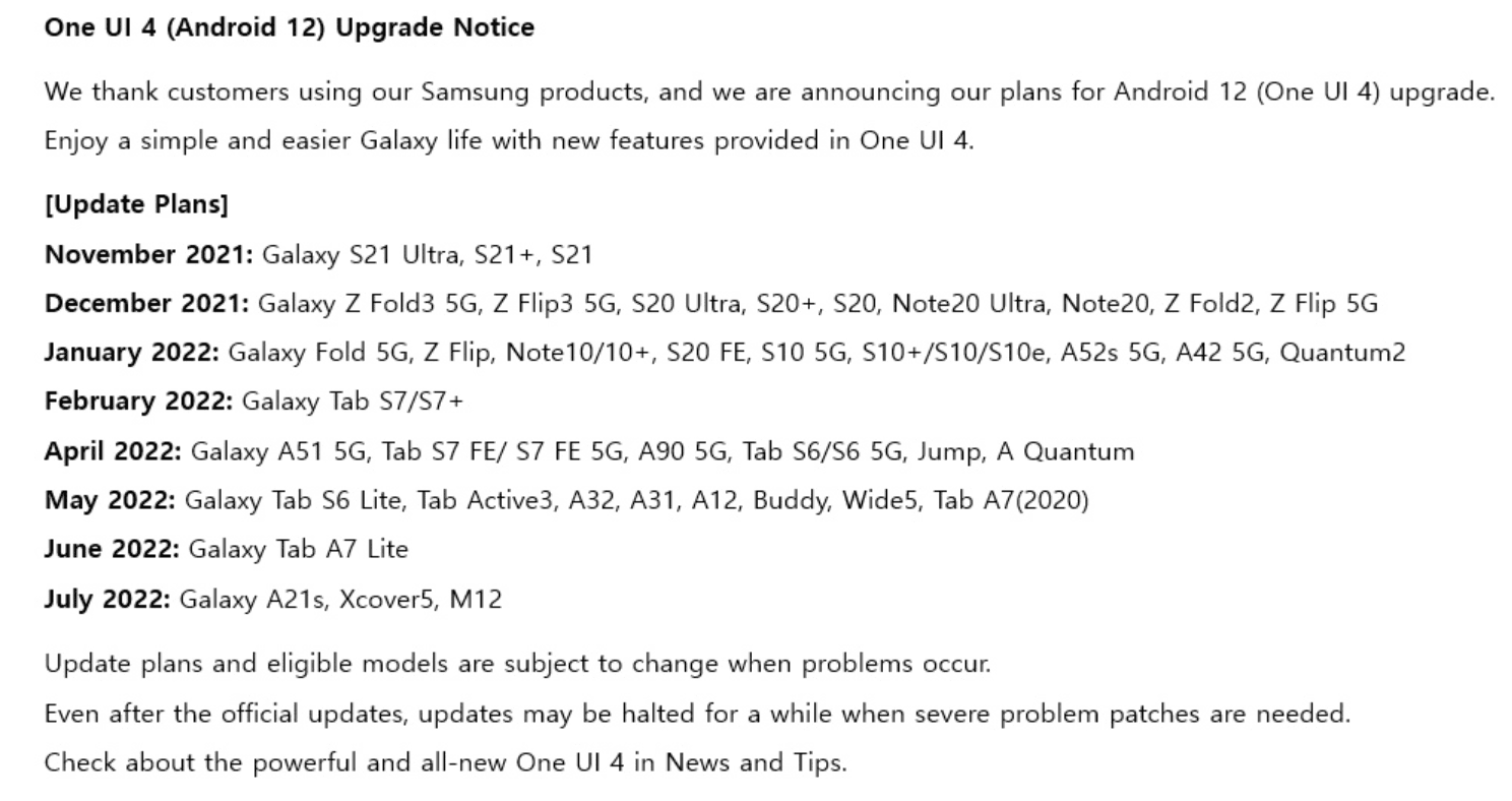 Calendario de actualización a One UI 4 de Samsung