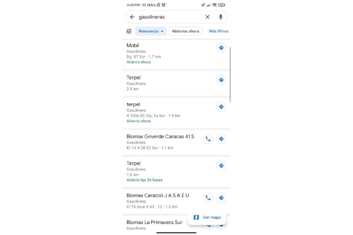 Lista de Google Maps de las gasolineras mas cercanas