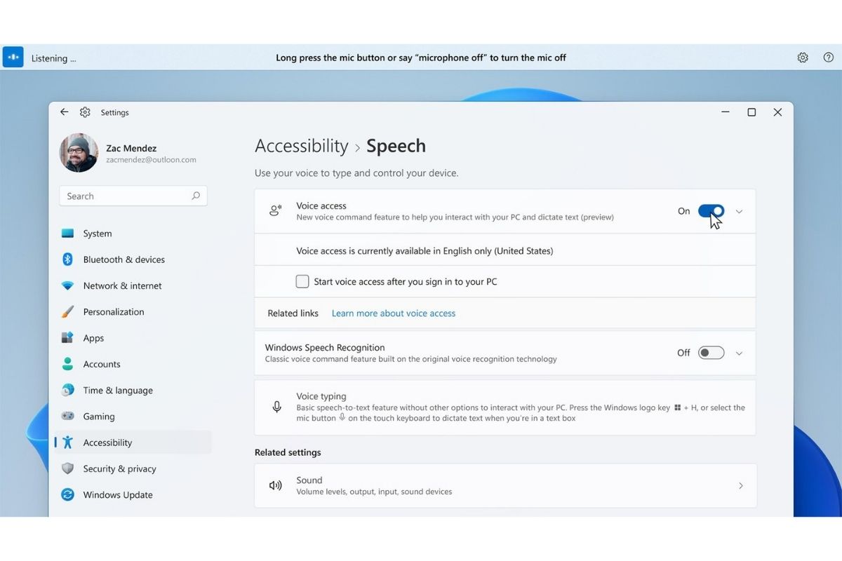 Acceso por voz de Windows 11