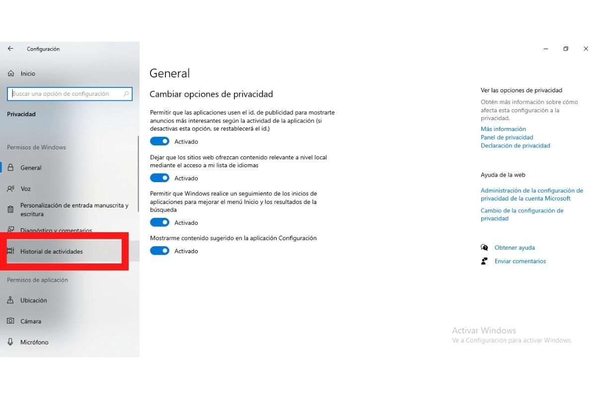Buscar en la configuración de privacidad "Historial de actividades"