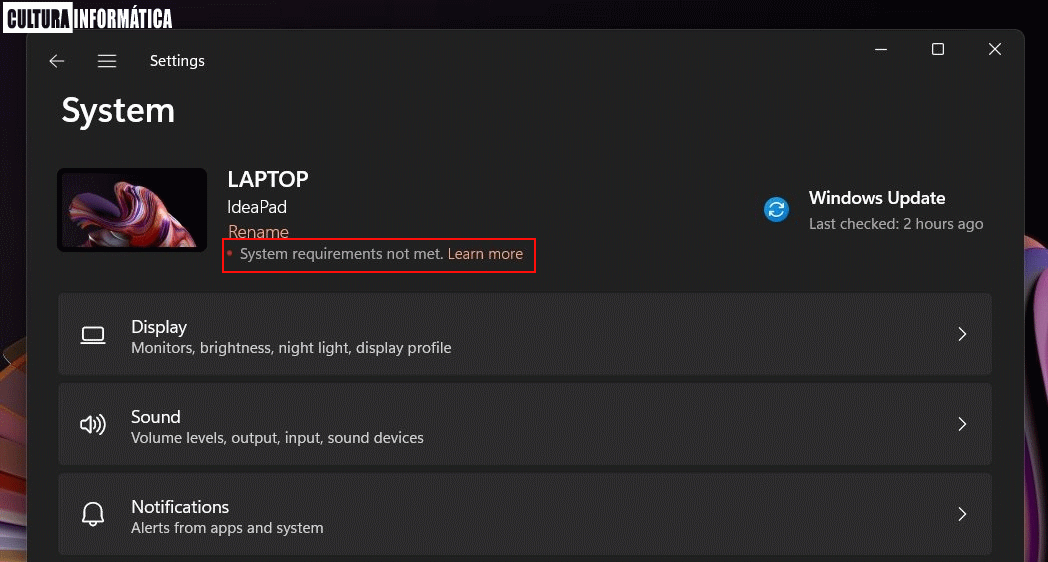 Aviso de en las PC no compatibles con Windows 11