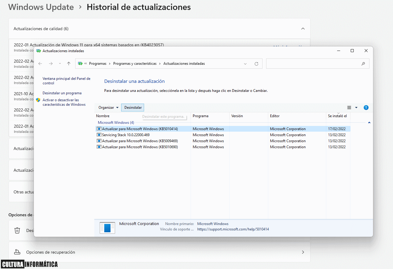 Cómo desinstalar una actualización en Windows 11