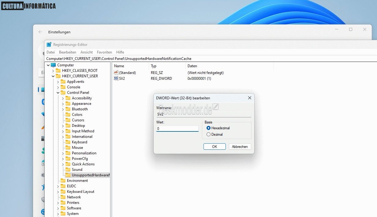 Eliminar el aviso Requisitos del sistema no cumplidos en Windows 11