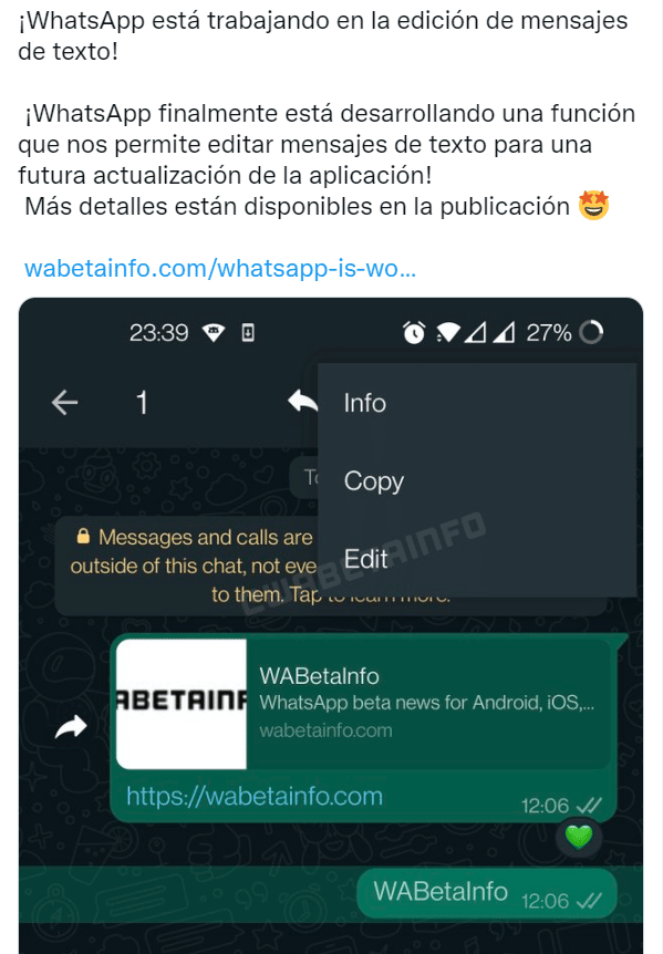 Función editar mensajes en WhatsApp