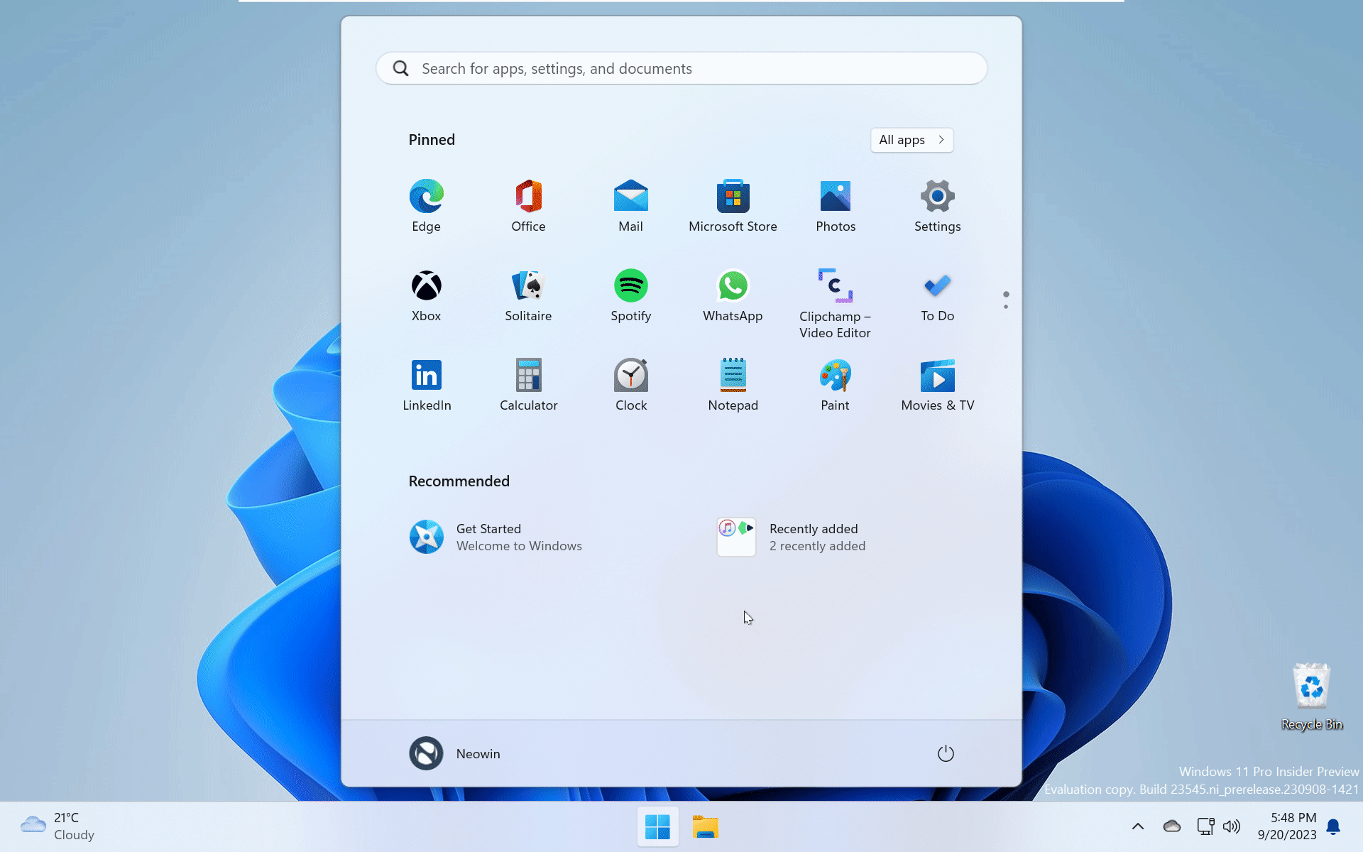 Sección Recomendado en el menú Inicio de Windows 11