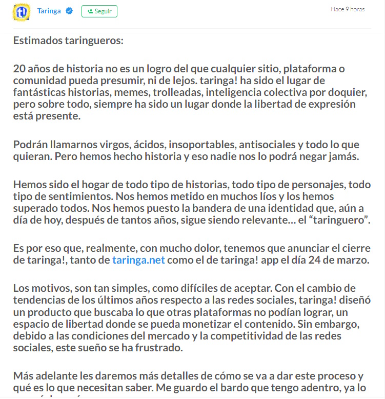 Taringa! Cierra sus puertas el 24 de marzo de 2024